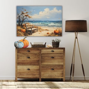 Autumn Coastal Wall Art, Coastal Fall Canvas, Beach Farmhouse Autumn Thanksgiving Decor, Blue Pumpkin Fall Decor, Coastal Beach Fall Decor