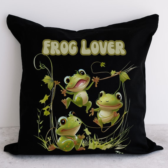 FROG LOVER Black Square Pillow, Frog Lover Gift, Cute Frog Pillow