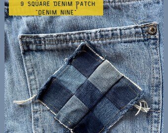 Boho Grunge DENIM 9 SQUARE PATCH Denim Hippie Raw-edge Fringe Patchwork Patch Handmade Sew On Fabric Patch  Jeans Jackets Totes Sweatshirts