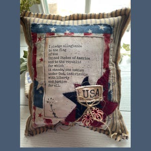 Primitive Patriotic American Flag Pillow Patchwork USA 4th of July Raw-Edge Rustic Pledge of Allegiance Handmade Vintage USA Decor 12.5&quot;