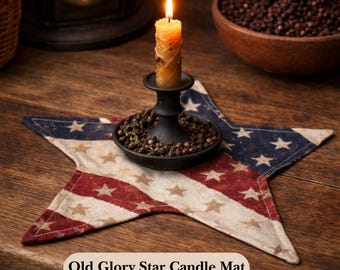 Primitive Star Patriotic Candle Mat Americana Rustic 9" Table Topper Red White Blue Doily Farmhouse Decor Colonial Rustic 4th of July Decor