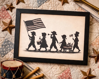Framed Colonial Kids Silhouette Print, Original History Art 4x6 & 5x7 Print Decor, Americana 4th of July Parade Patriotic Print