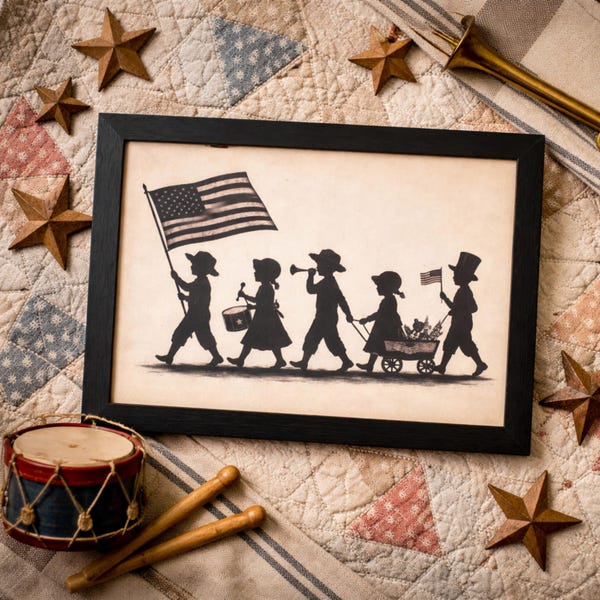 Framed Colonial Kids Silhouette Print, Original History Art 4x6 & 5x7 Print Decor, Americana 4th of July Parade Patriotic Print