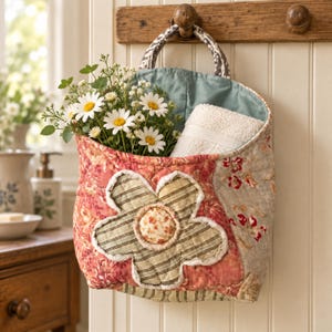 May include: A quilted fabric hanging basket featuring a large, appliqued flower with striped petals and a central floral button. The basket has a teal interior lining and contains a white towel and a bouquet of white daisies with green stems.