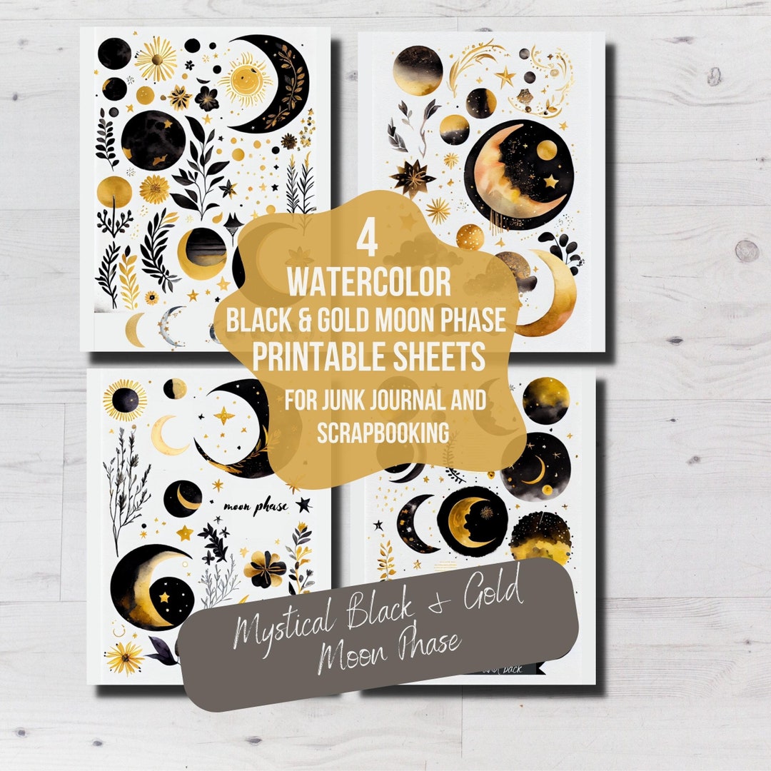 Watercolor Celestial Black and Gold Moon Phases Clip Art Printable ...
