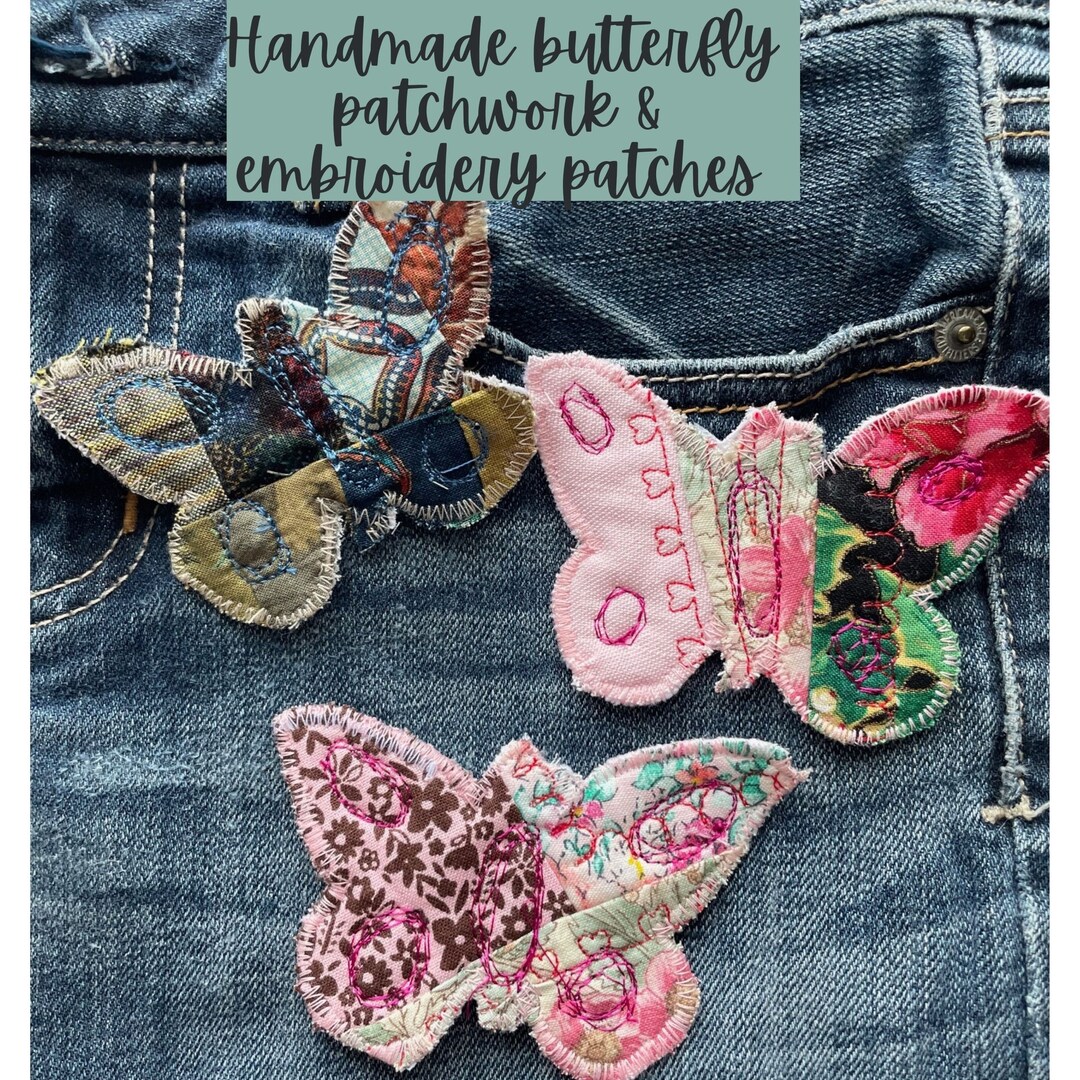 BOHO BUTTERFLY Fabric Patchwork PATCH Pink Blue Hippy Butterfly Patches Handmade Sew on Fabric
