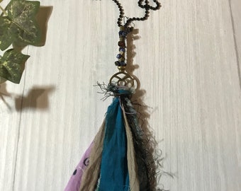 Boho Tassel Skeleton Key Long Necklace, Skeleton Key with Tassel made from Vintage Bandana, Yarn, Sari Ribbon from India, Hippie Necklace