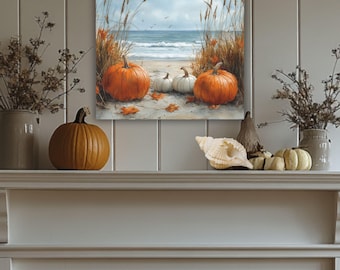 Coastal Autumn Wall Art, White Pumpkins on the Beach Coastal Decor, Fall Time Ocean Decor, Seaside Fall Wall Art, Beach Lover Gift