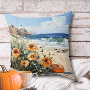 Coastal Autumn Beach Decor, Fall Beach Pumpkin Square Pillow, Pumpkin Beach Pillow, Thanksgiving Beach Pillow Decor, Pumpkins on the Beach