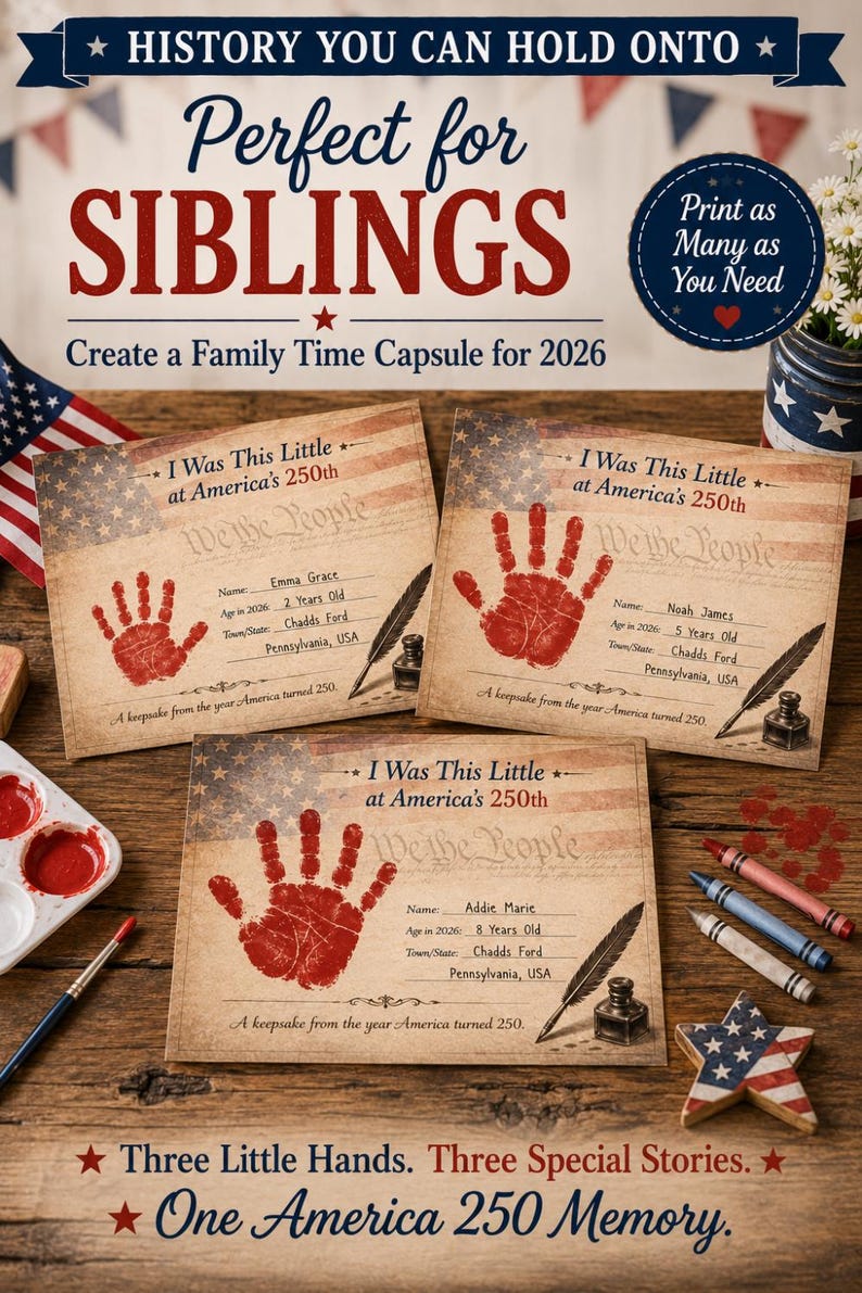 Op de afbeelding: Drie rechthoekige papieren aandenkens met een vervaagde Amerikaanse vlag op de achtergrond, de tekst 'I Was This Little at America's 250th', 'We the People' en 'A keepsake from the year America turned 250'. Elk vel toont een rode handafdruk en lege regels voor naam, leeftijd en locatie.
