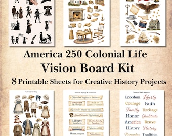 Colonial America 250 Vision Board Kit Printable, 1776–2026 Patriotic Collage Sheets, 1776 Colonial Clip Art Activity Family Heritage Project