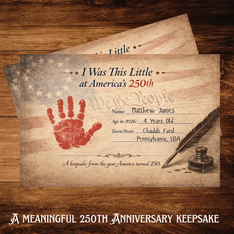 Op de afbeelding: Een rechthoekige aandenkenkaart met een vervaagde Amerikaanse vlag op de achtergrond, een rode handafdruk, een ganzenveer en een inktpot. De tekst bevat: I Was This Little at America's 250th, We the People, Name: Matthew James, Age in 2026: 4 Years Old.