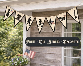 Koloniaal silhouet banner afdrukbaar, hands-on koloniale geschiedenis ambacht voor kinderen, 4 juli vroeg Amerika 1776 Homeschool klaslokaal decor