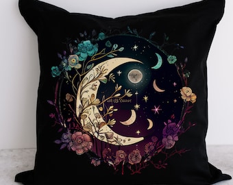 MOON PHASE and Wild FLOWERS Black Square Pillow, Watercolor Moon and Wildflower Pillow, Moon Gift Celestial Pillow, Moon Boho Pillow