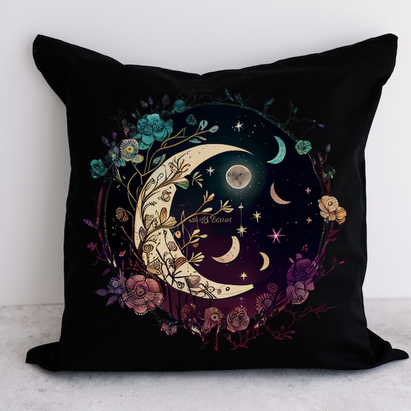 MOON PHASE and Wild FLOWERS Black Square Pillow, Watercolor Moon and Wildflower Pillow, Moon Gift Celestial Pillow, Moon Boho Pillow