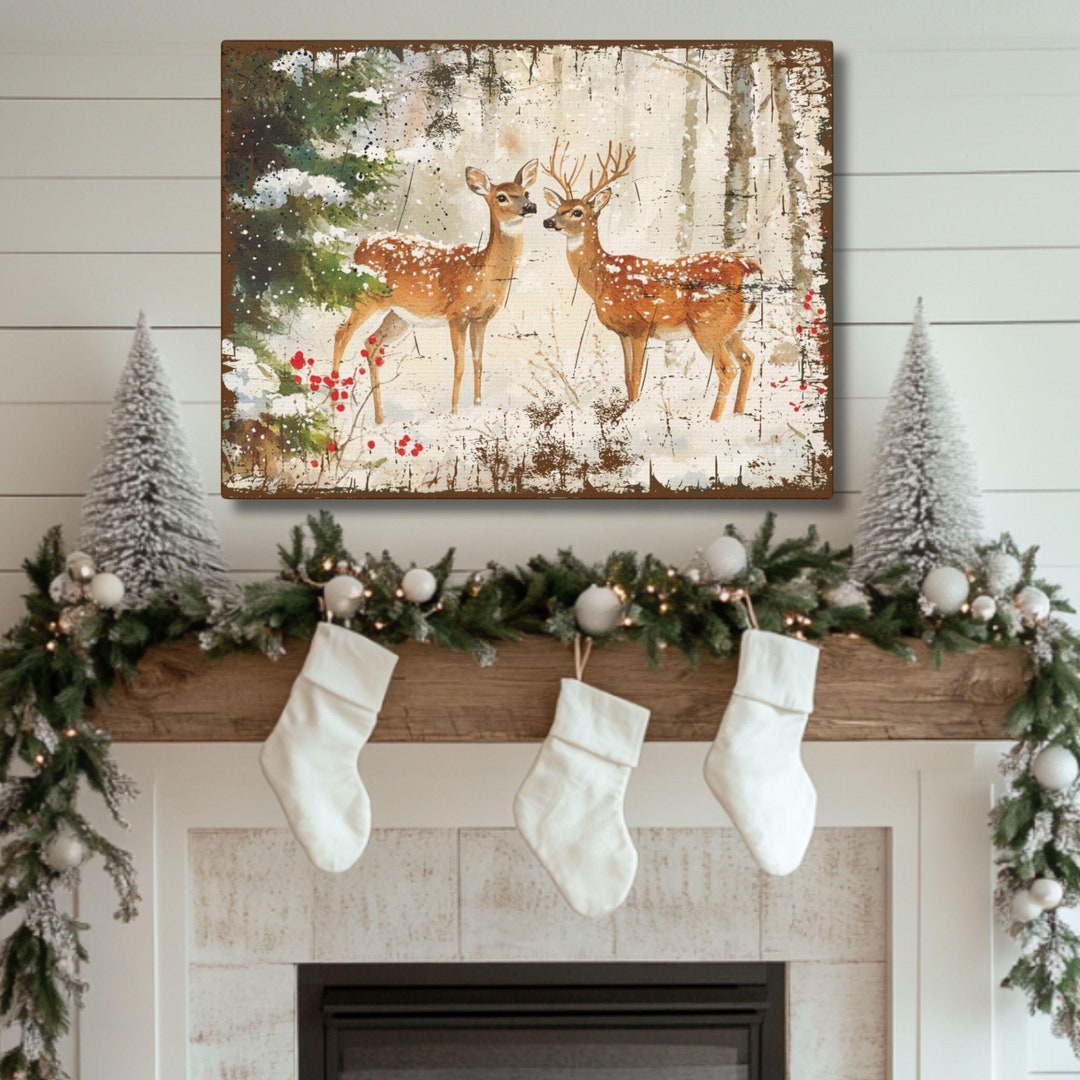 Vintage Christmas Woodland Deer Rustic Art Modern Farmhouse Wall Decor ...
