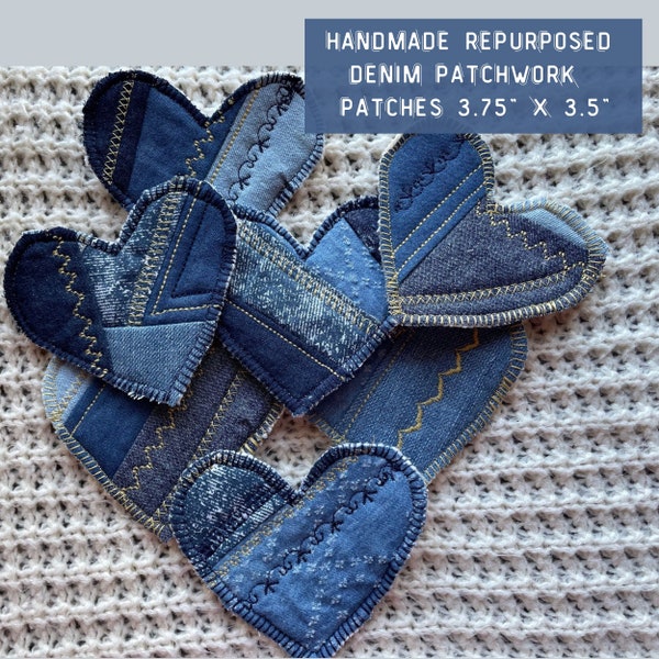 Handmade Boho Denim Heart Patch Denim Jeans Hippy Heart Patchwork Patch Handmade Sew On Fabric Patches for Jeans Jackets Totes Sweatshirts