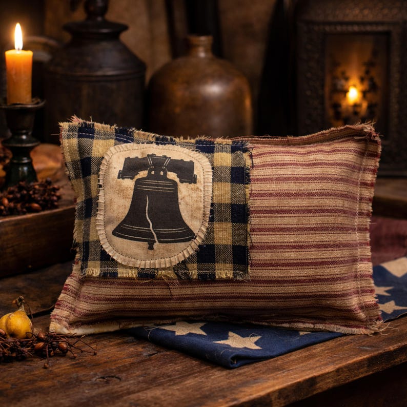 Op de afbeelding: Rechthoekig decoratief kussen met een patriottisch thema. Het kussen heeft een gedeelte met een zwart-beige ruitpatroon en een gedeelte met rood-witte strepen. Een patch met een zwarte Liberty Bell is op het ruitgedeelte genaaid.