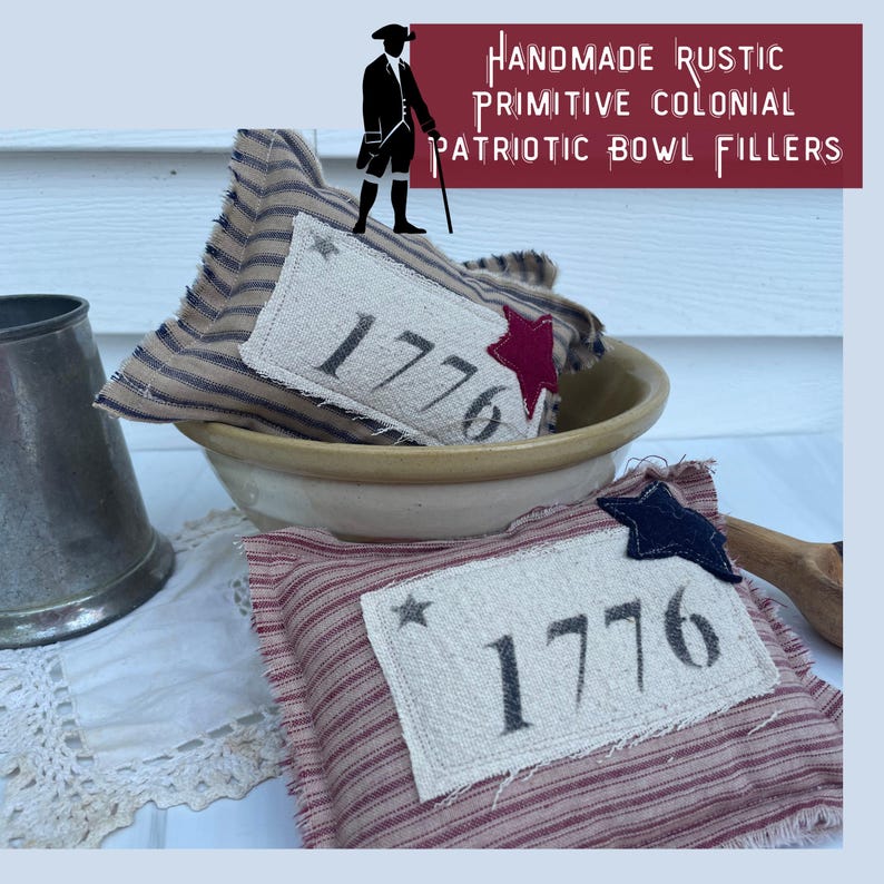May include: Two handmade fabric bowl fillers with red and blue stars and the number 1776 on them. The bowl fillers are made of striped fabric and are in a rustic style.  Handmade Rustic Primitive Colonial Patriotic Bowl Fillers.