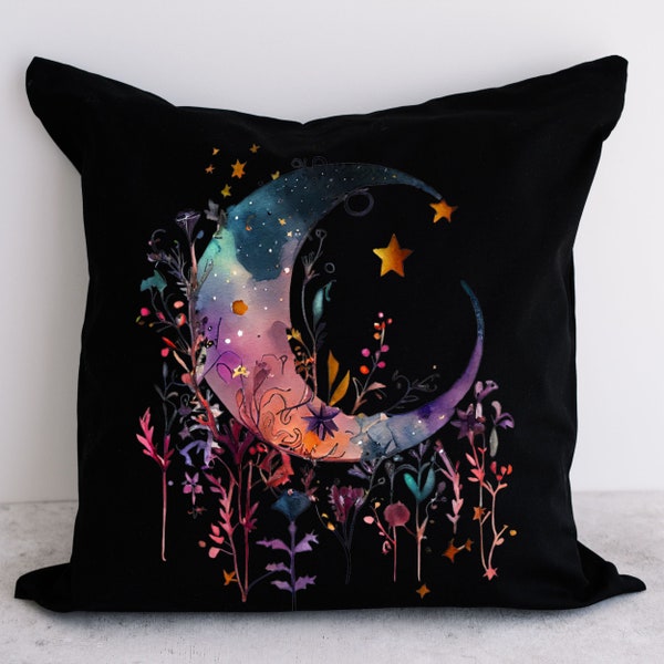 BOHO MOON and Wildflowers Black Pillow, Moon Bohemian Decor, Moon Pillow, Gift For Moon Lover, Moon Gift, Celestial Pillow, Moon Pillow Gift