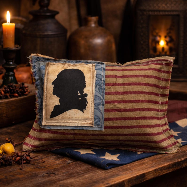 Op de afbeelding: Een rechthoekig kussen met een patriottisch thema. Het heeft een zwart silhouet op een cr&egrave;me patch, tegen een blauwe bloemenstof. De hoofdkleur van het kussen heeft rood en beige strepen.
