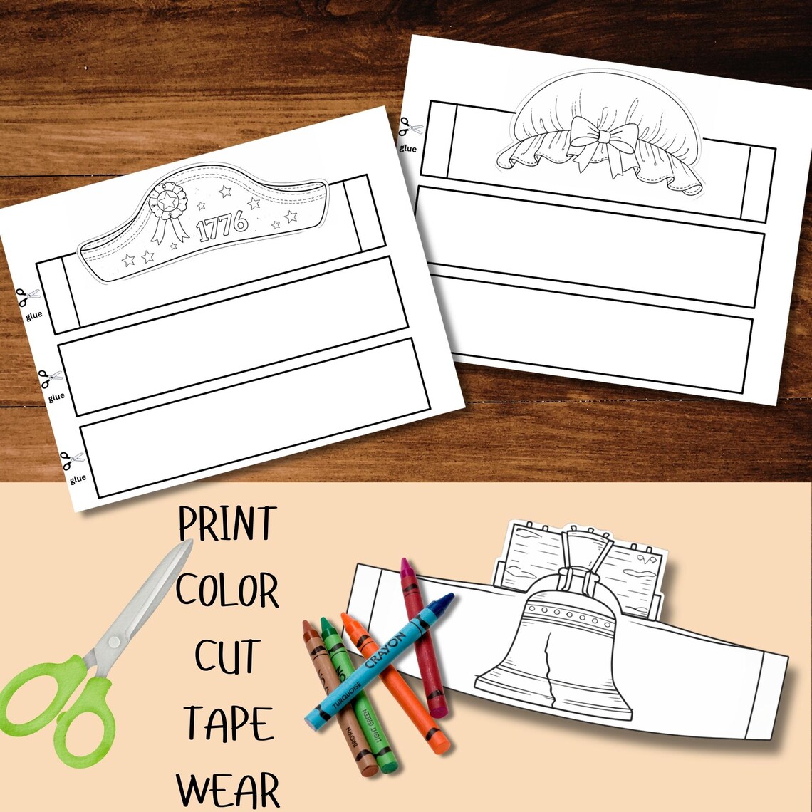 Paper Roplay Printable Colonial Paper Crown Craft Tricorn Hat Liberty Bell Coloring, 1776 ...