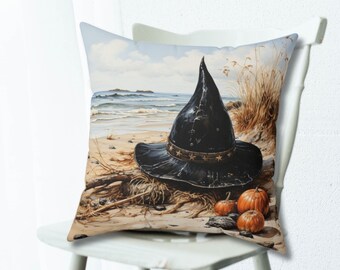 Beach Halloween Decor Pumpkins and Witch Hat Seaside Beach Ocean Fall Decor Vintage Rustic Old Witch Hat on Beach Witchy Decor