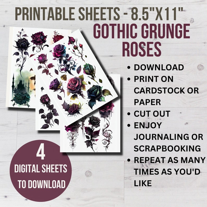 Watercolor GOTHIC GRUNGE ROSES Clip Art, Printable Journal Pages ...