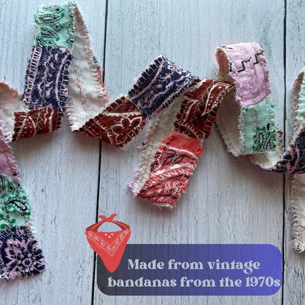 46" Handmade Patchwork Scrappy Bandana Ribbon Repurposed Upcycled Ribbon Made from Vintage 1970s Bandanas Handmade Recycled Bandana Ribbon