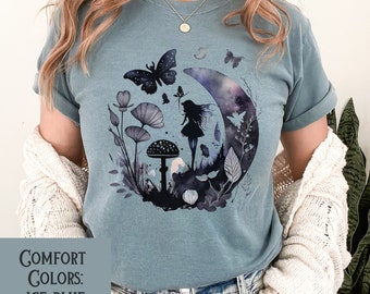 DARK FAIRY Grunge MOON Mushroom Butterfly T-Shirt, Mythical Dark Fairy Shirt, Fairycore Tee, Gothic Fairy T-shirt, Fairy Lover Gift T-shirt