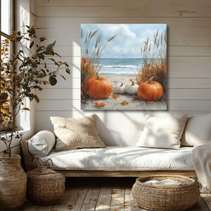 Coastal Autumn Wall Art, White Pumpkins on the Beach Coastal Decor ...
