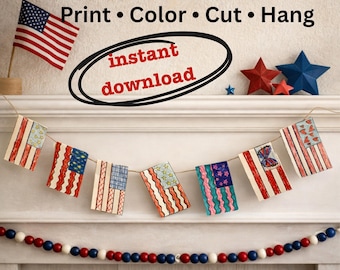 Patriotic Flag Banner Printable, Kids July 4th Craft, Colonial American Flag Coloring Activity, Homeschool History Decor Printable Activity