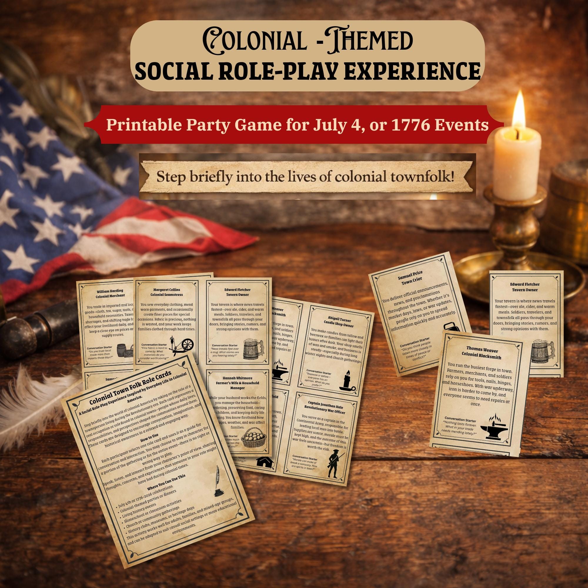 Colonial Town Folk Role Cards Printable, 1776 Role Play Game for Adults ...