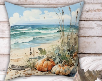 Autumn Beach Decor, Coastal Fall Pillow, Beach Farmhouse Autumn Thanksgiving Decor, Blue Pumpkin Fall Decor, Coastal Beach Fall Decor