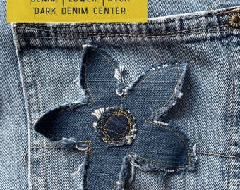 Boho Grunge DENIM FLOWER PATCH Denim Hippie Raw-edge Fringe Flower Patch Handmade Sew On Fabric Patch for Jeans Jackets Totes Sweatshirts