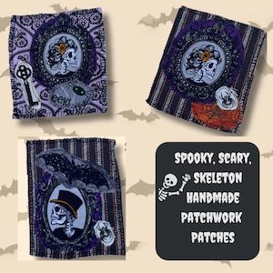 May include: Handmade patchwork patches with a spooky Halloween theme. Each patch features a skull design within an ornate frame, with additional elements like keys, spiders, and an umbrella. The patches are in shades of purple, black, and white.