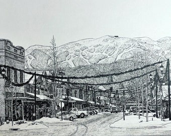 PRINT Drawing of Whitefish Montana Ski Resort Big Sky