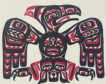 May include: A stylized Native American artwork featuring a central figure with a stern expression, flanked by two bird-like creatures. The design uses bold black and red colors on a white background, showcasing intricate patterns and shapes.