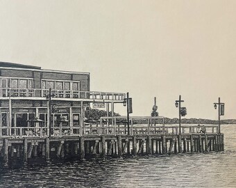 PRINT Drawing of Seattle Waterfront Pier 70 (Aqua by El Gaucho) Puget Sound