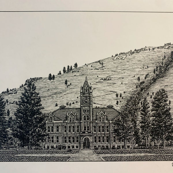 PRINT Drawing of University Hall Missoula Montana UM Griz