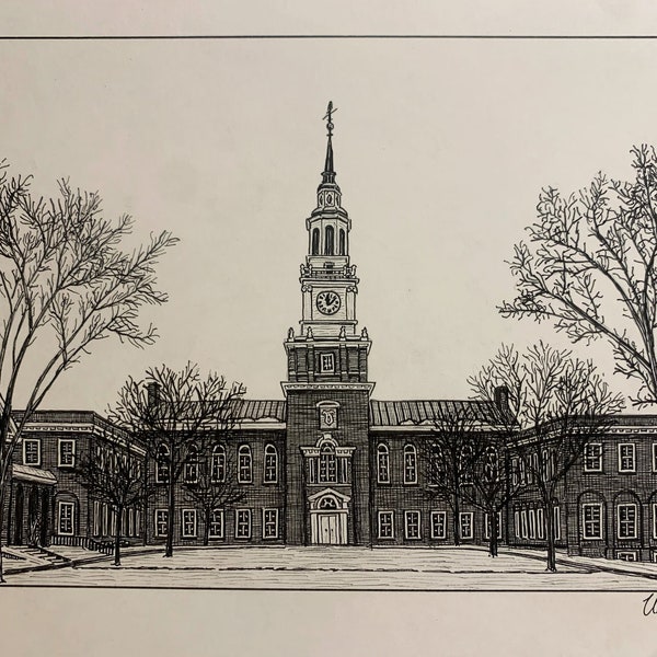 PRINT Drawing of Dartmouth College Baker Library Campus New Hampshire