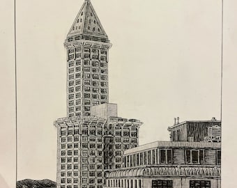 PRINT Drawing of Smith Tower Building Seattle WA