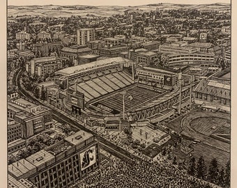PRINT Drawing of Martin Stadium WSU Cougar Football Gameday