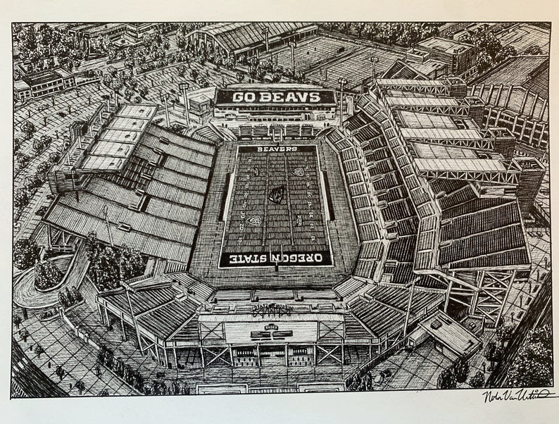 PRINT Drawing of Reser Stadium Oregon State Beavers Football Cor PRINT Drawing of Reser Stadium Oregon State Beavers Football Cor