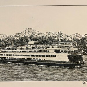 SKRIV UT Ritning av Seattle, Bainbridge Island-färjan, Bremerton, WA - Olympic Mountains