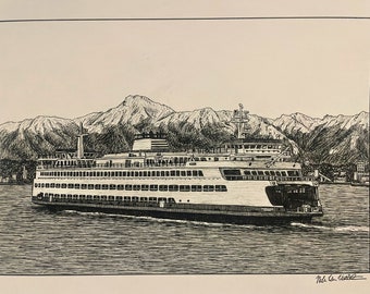 PRINT Drawing of Seattle, Bainbridge Island Ferry, Bremerton, WA - Olympic Mountains