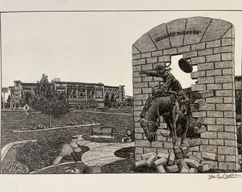 PRINT Drawing of University of Wyoming War Memorial Stadium, Breakin' Through Statue - Laramie, WY