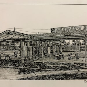 PRINT Drawing of Naaman&#39;s Championship Barbecue BBQ Texarkana Texas Arkansas