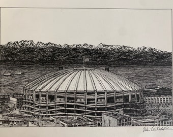 PRINT Drawing of Seattle King Dome Mariners Seahawks Stadium