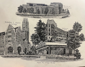 PRINT Drawing of ATO House, Memorial Gymnasium, Zeppos, Calhoun Hall Vanderbilt - Nashville, Tennessee